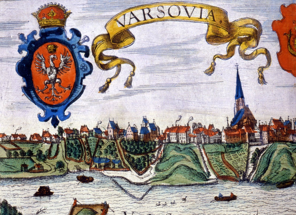 Utsikt över staden Warszawa med stadens vapen. 1780. av Unknown artist