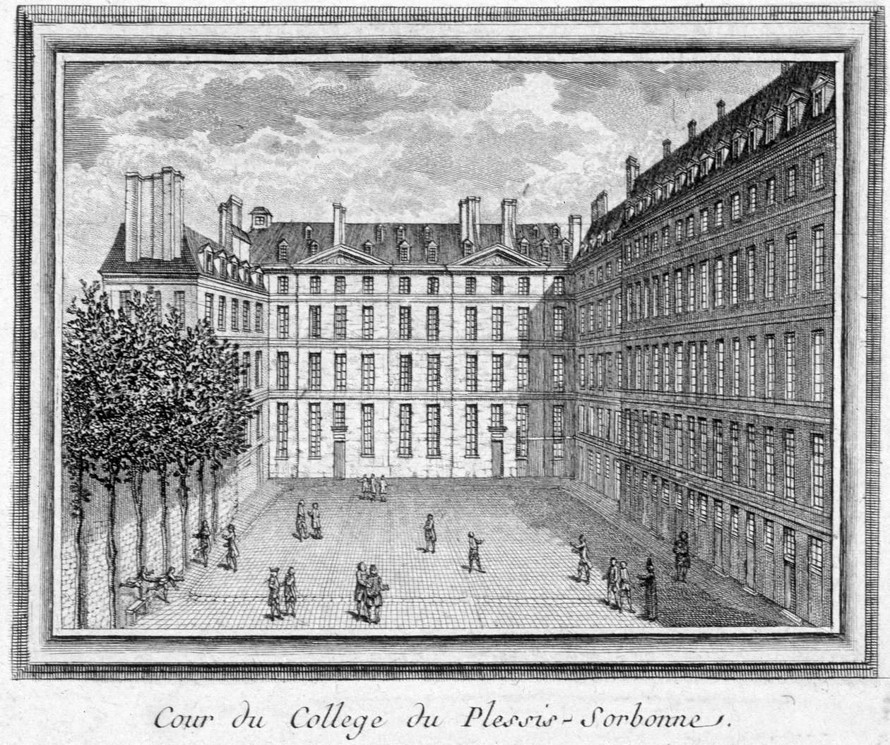Utsikt över hovet vid kollegiet i Plessis Sorbonne (Paris), grundat 1323 av Geoffroy du Plessis Balisson, som användes 1848 och 1849 av ENA. Gravyr bevarad på Musee Carnavalet. av Unknown artist