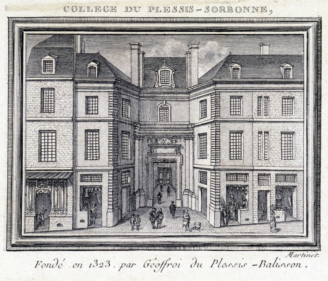 Utsikt över den yttre fasaden av kollegiet i Plessis Sorbonne (Paris), grundat 1323 av Geoffroy av Plessis Balisson som användes från 1848 till 1849 av ENA. Gravyr bevarad på Musee Carnavalet, Paris. av Unknown artist