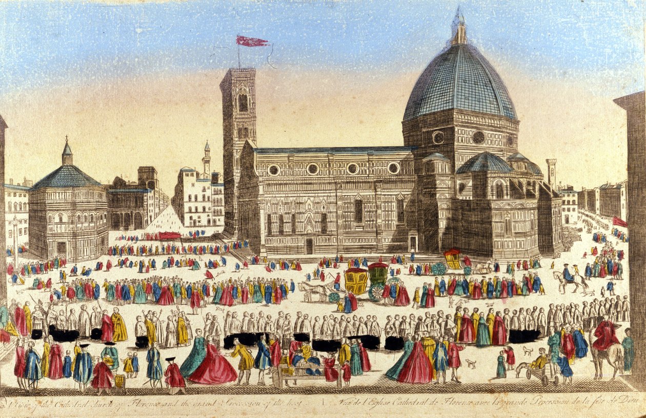 Utsikt över den stora katedralen i Florens (Duomo Santa Maria del Fiore) realiserad av Filippo Brunelleschi, på dagen för den Helige Gudens procession. 1790 ca. av Unknown artist