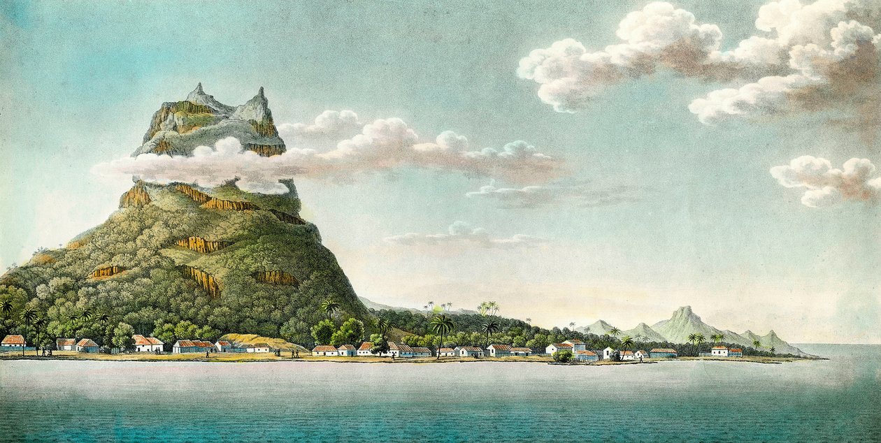 Utsikt över ön Bora Bora i nuvarande Franska Polynesien. Gravyr av 1700-talet. Privat samling av Unknown artist