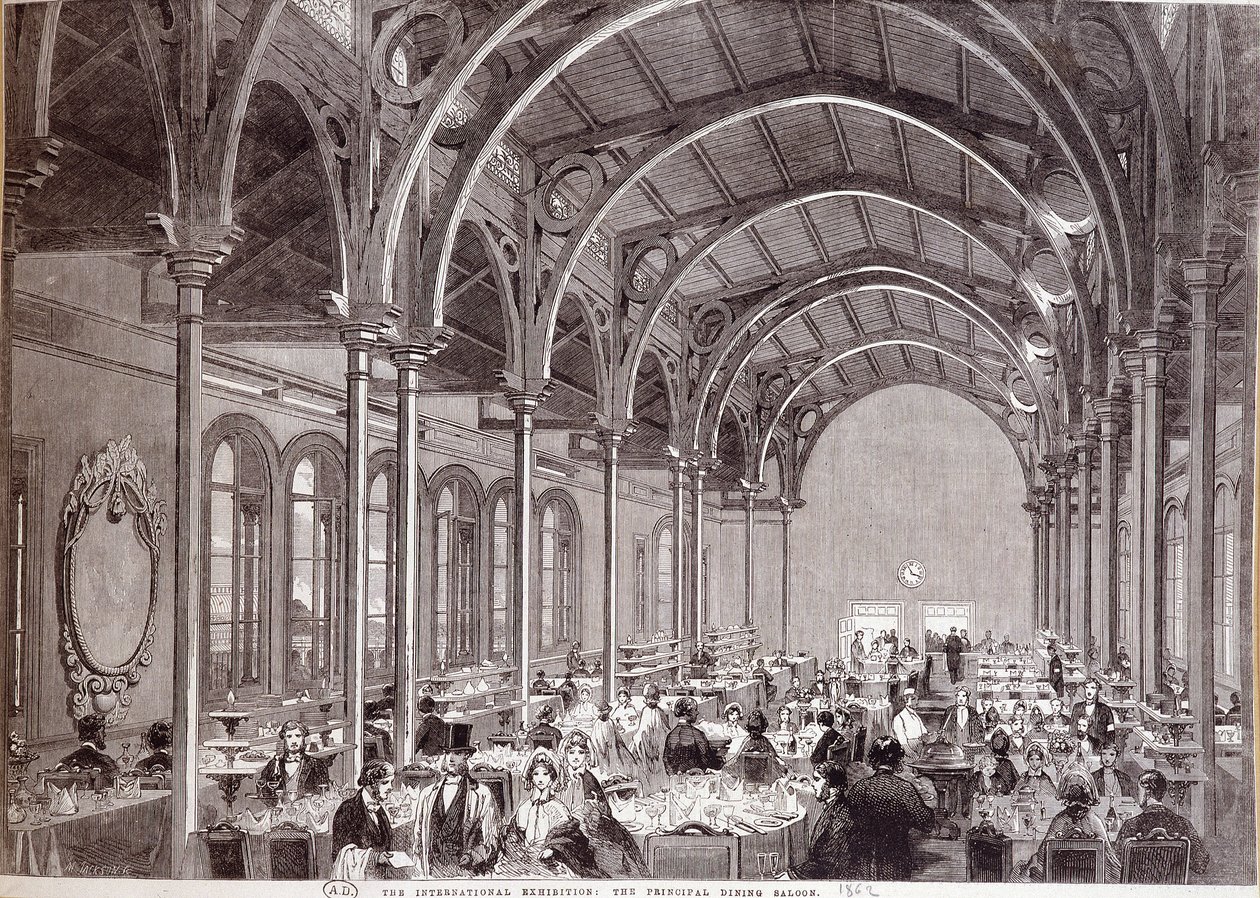 Utsikt över huvudrestaurangen på 1862 års internationella utställning i London. av Unknown artist