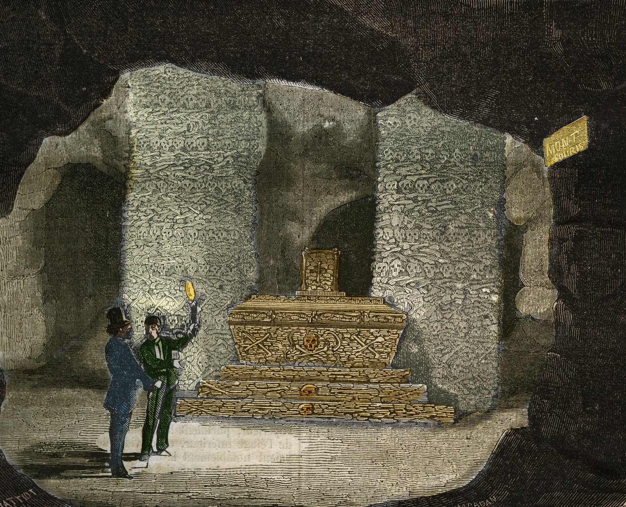 Utsikt över ossuary av katakomberna av Montsouris i Paris. Gravyr från 1856 i "" Le Musee Des Sciences"" av Unknown artist