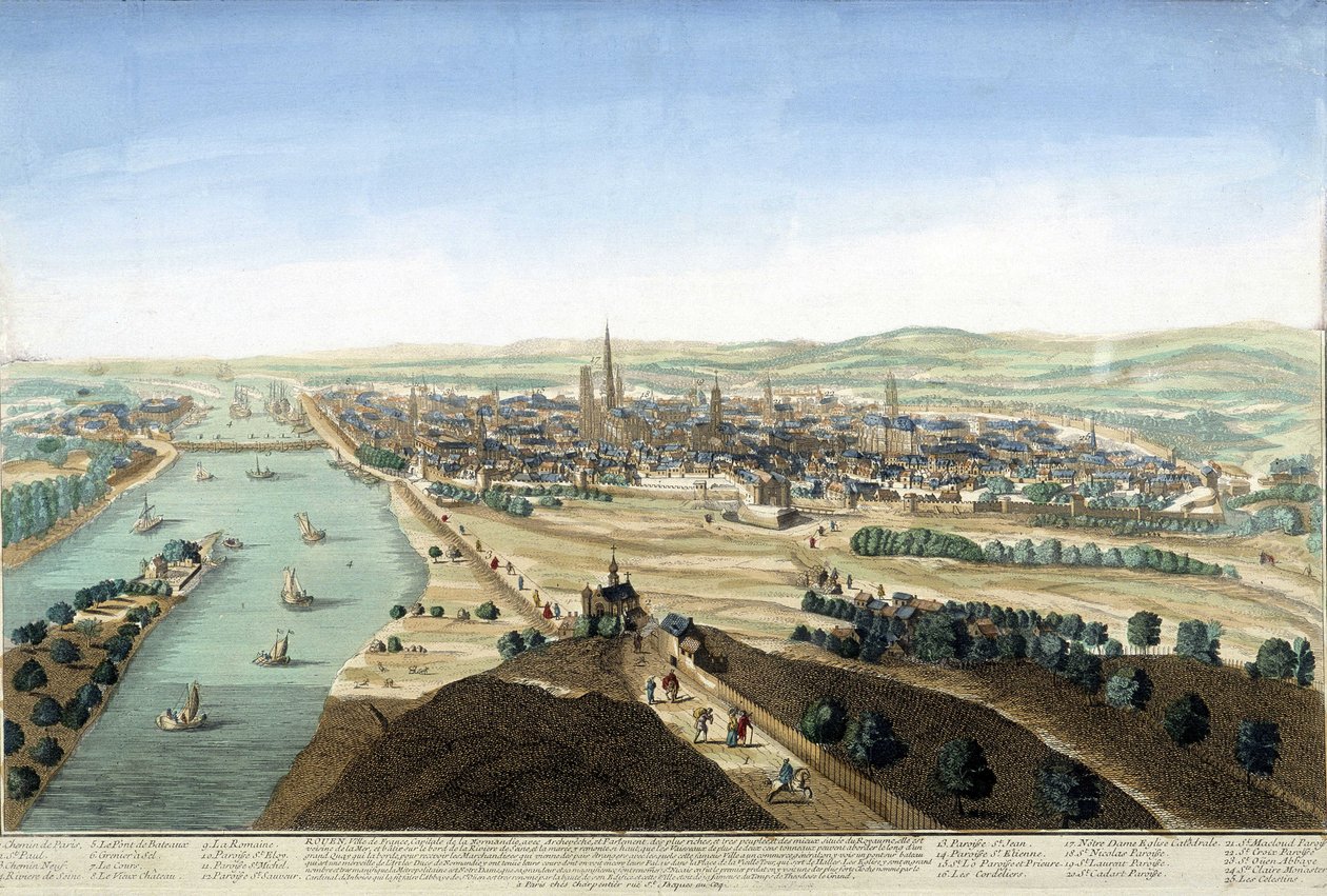 Utsikt över hamnen och staden Rouen; Gravyr från 1700-talet. av Unknown artist