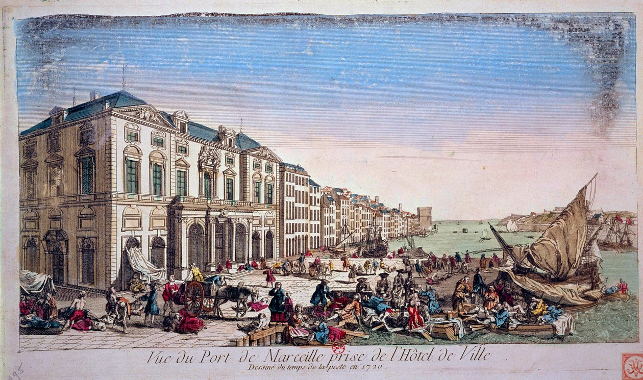 Utsikt över hamnen i Marseille från stadshuset vid tiden för pestepidemin 1720 Gravyr av 1720 Paris, B.N. av Unknown artist