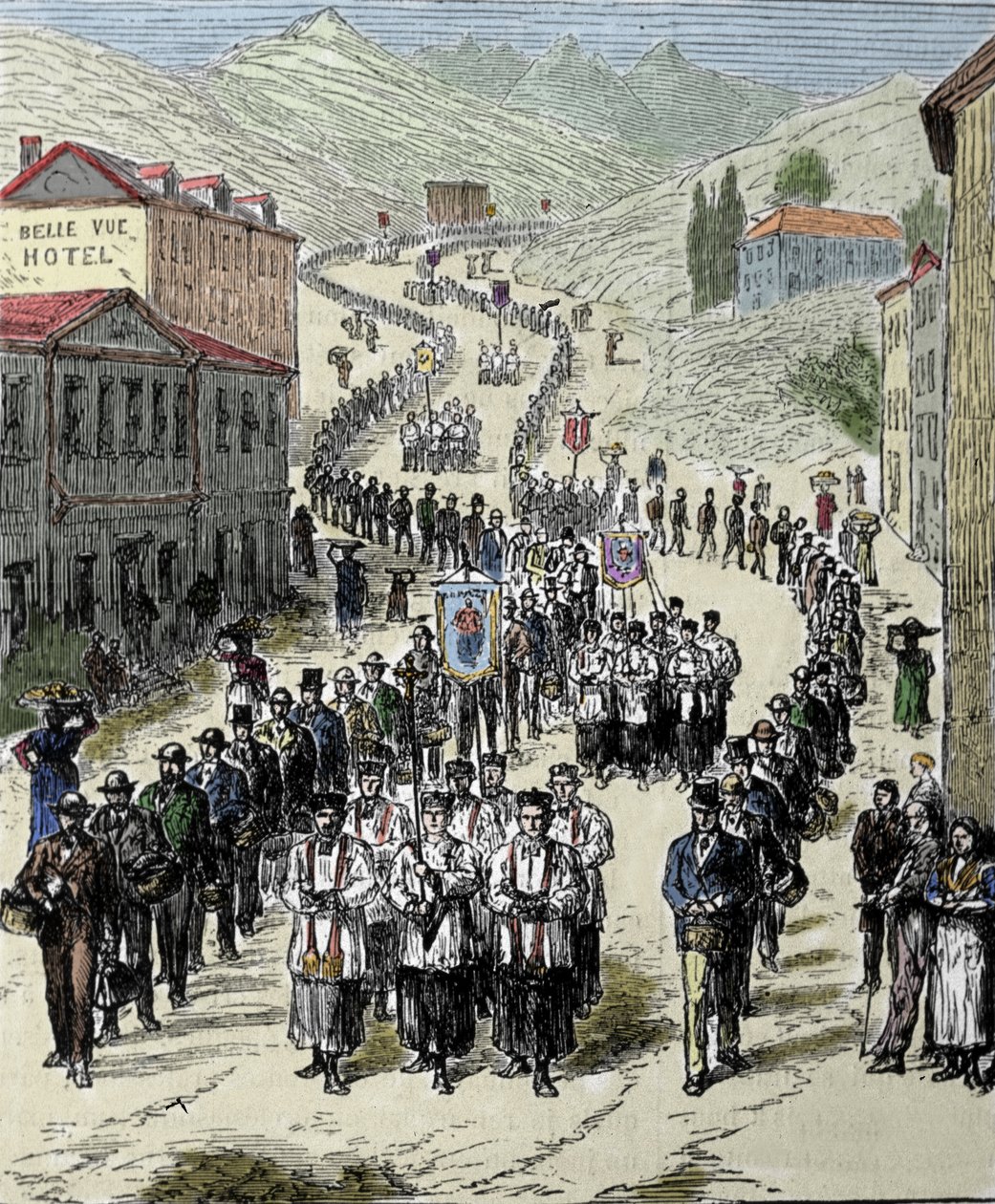 Utsikt över processionen från stationen till grottan Lourdes i Höga Pyrenéerna där Jungfrun visade sig för Bernadette Soubirous (1844-1879) 1858, nuvarande pilgrimsfärdsort. Gravyr av 1800-talet av Unknown artist