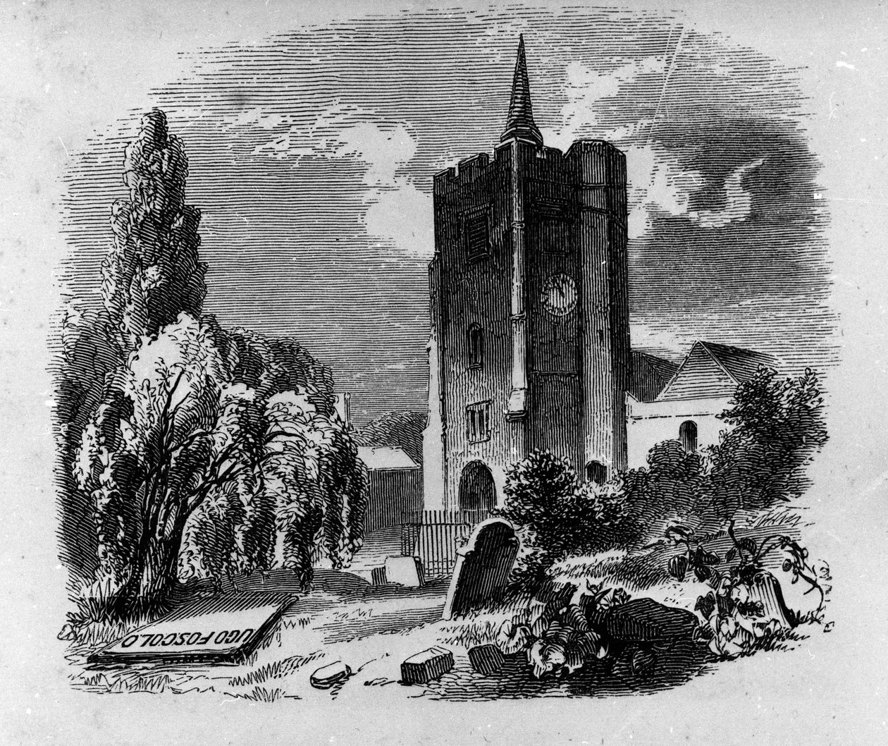Utsikt över den italienske poeten och dramatikern Ugo Foscolos (1778-1827) grav på kyrkogården i Chiswick i London. Gravyr av 1800-talet av Unknown artist