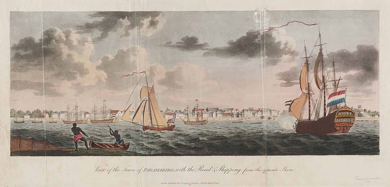 Vy över staden Paramaribo, med vägen och sjöfarten från den motsatta stranden av Unknown artist