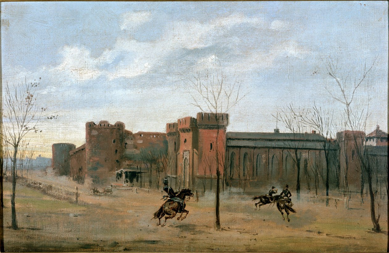 Utsikt över Sforza slott med kavalleristräning (målning av Unknown artist