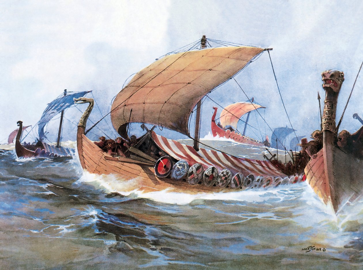 Vikingabåt på väg mot Normandie, akvarell av Unknown artist