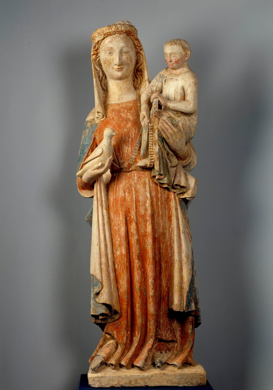 Jungfru och barn Jungfrun håller en duva i handen. Polykrom stenskulptur. 1400-talet. Kyrkan Montaigu les Bois. av Unknown artist