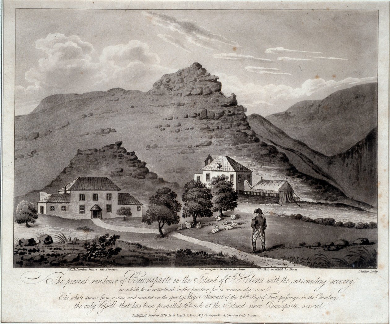 Vy över ön Sainte Helene (Ile Sainte-Helene) Gravyr av 1800-talets Malmaison. Slottsmuseet av Unknown artist