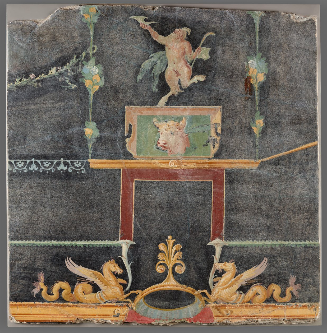 Väggfragment med dansande satyr, hippokamp och andra dekorativa motiv på svart botten av Unknown artist