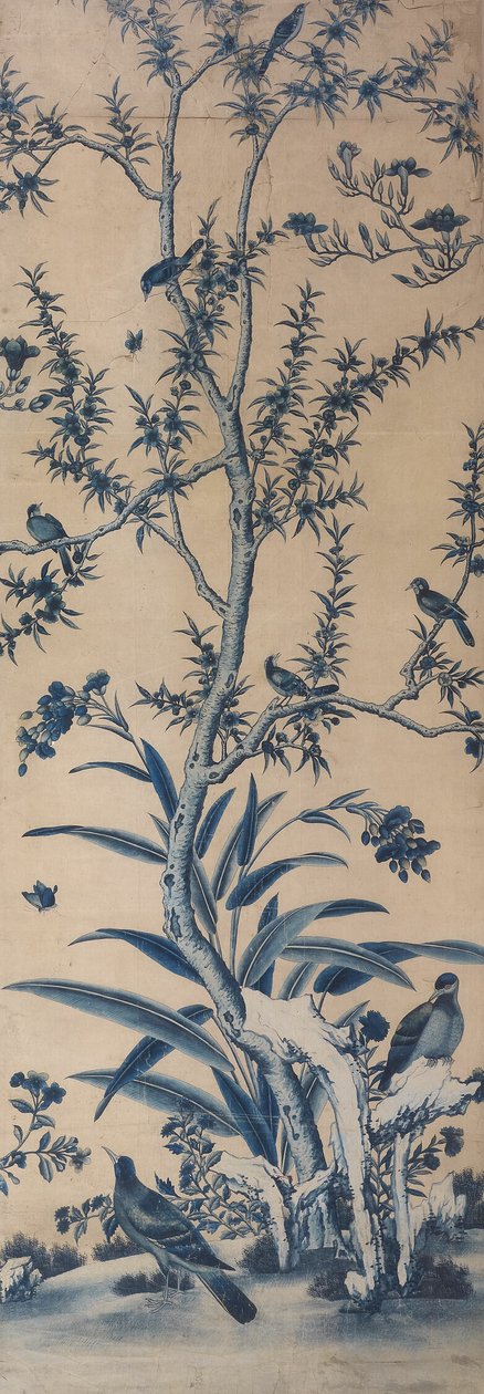 Tapetpanel med fåglar och blommande träd av Unknown artist