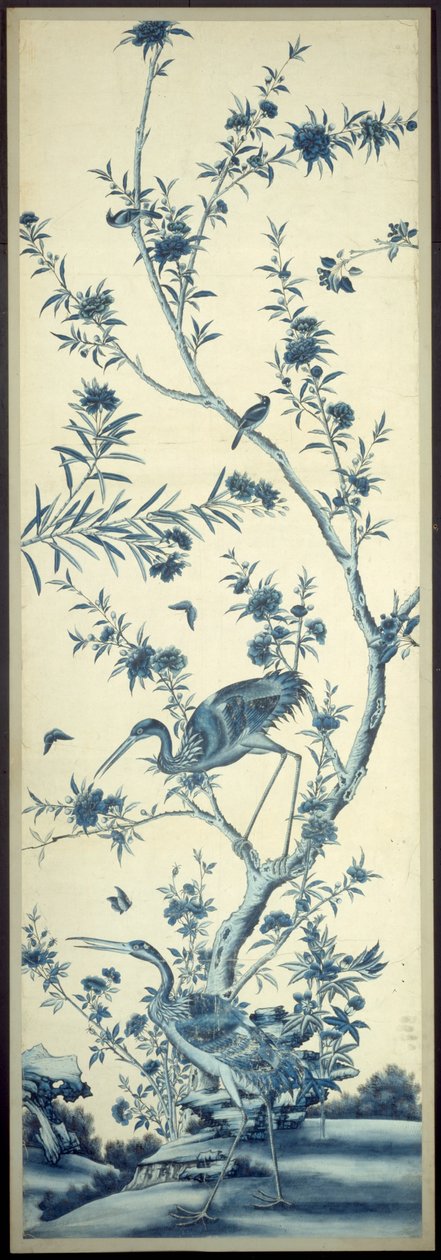 Tapetpanel med fåglar och blommande träd av Unknown artist