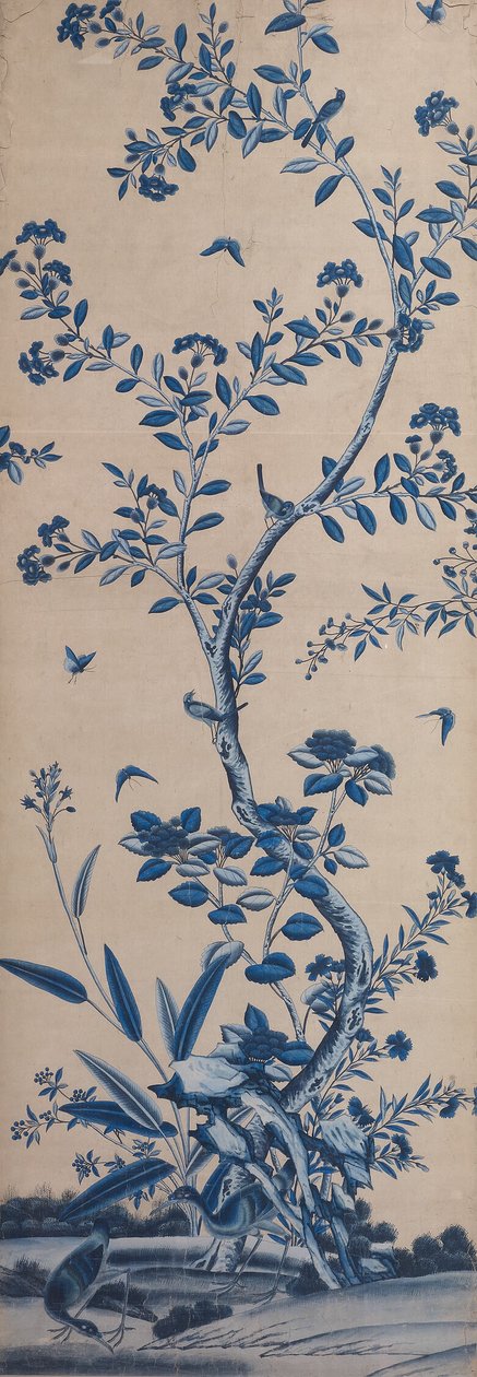 Tapetpanel med fåglar och blommande träd av Unknown artist
