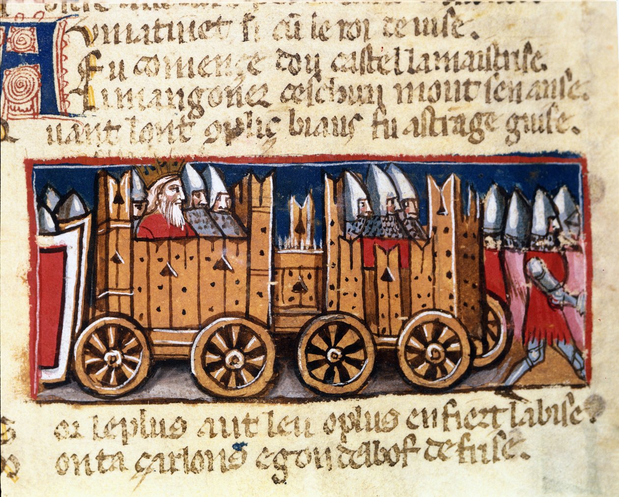 Krigsmaskiner, föregångare till vapentanken, som användes av Karl den Store mot Spaniens morer - i "Entrance of Spain", manuskript från 1300-talet. Biblioteca Marciana, Venedig. av Unknown artist