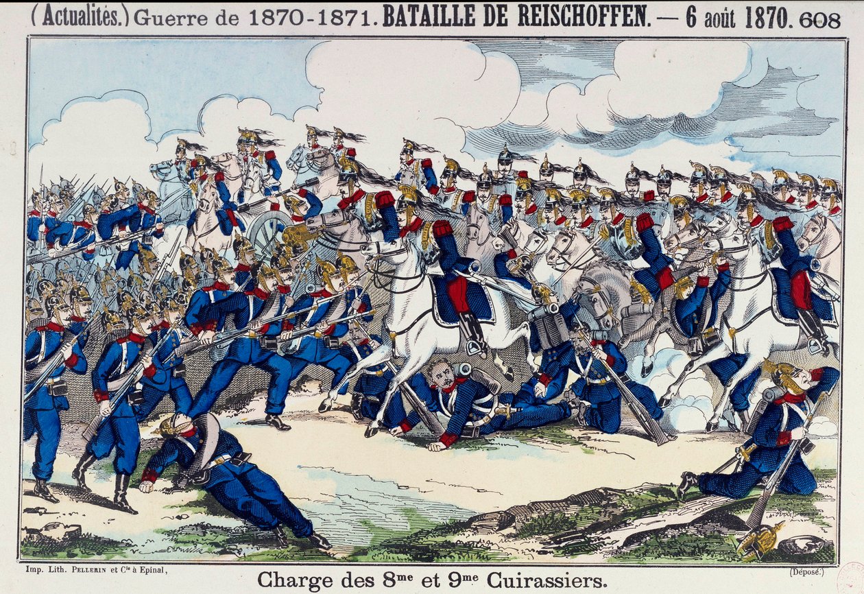 Kriget 1870-1871: utsikt över slaget vid Froeschwiller (eller Reichoffen) och striden mot slagskeppen, 6/08/1870 (återupplivande av Woerth). Gravyr av 1800-talet. Paris, B.N. av Unknown artist
