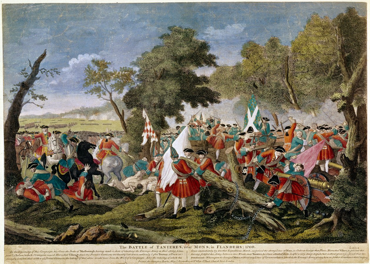 Det spanska tronföljdskriget (1701-1714): syn på slaget vid Malplaquet nära Mons vid den fransk-belgiska gränsen 1709-11-09 mot franska och spanska trupper mot en engelsk, holländsk och österrikisk koalition - Tryck från 1709 - BN Paris av Unknown artist