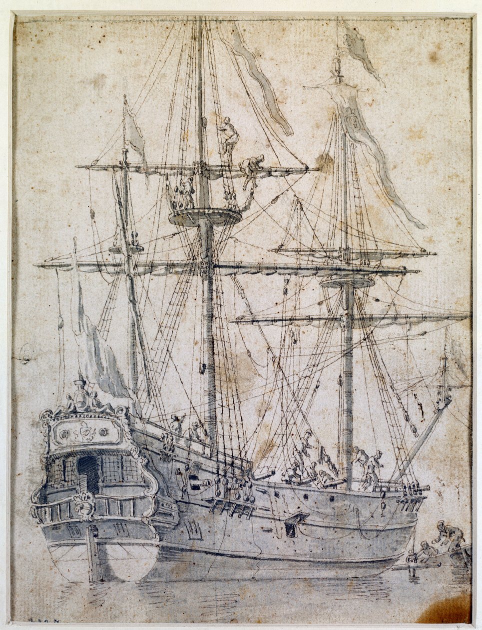 Krigsskepp: 1700-tals bläcktvätt Paris, dekorativ konst av Unknown artist