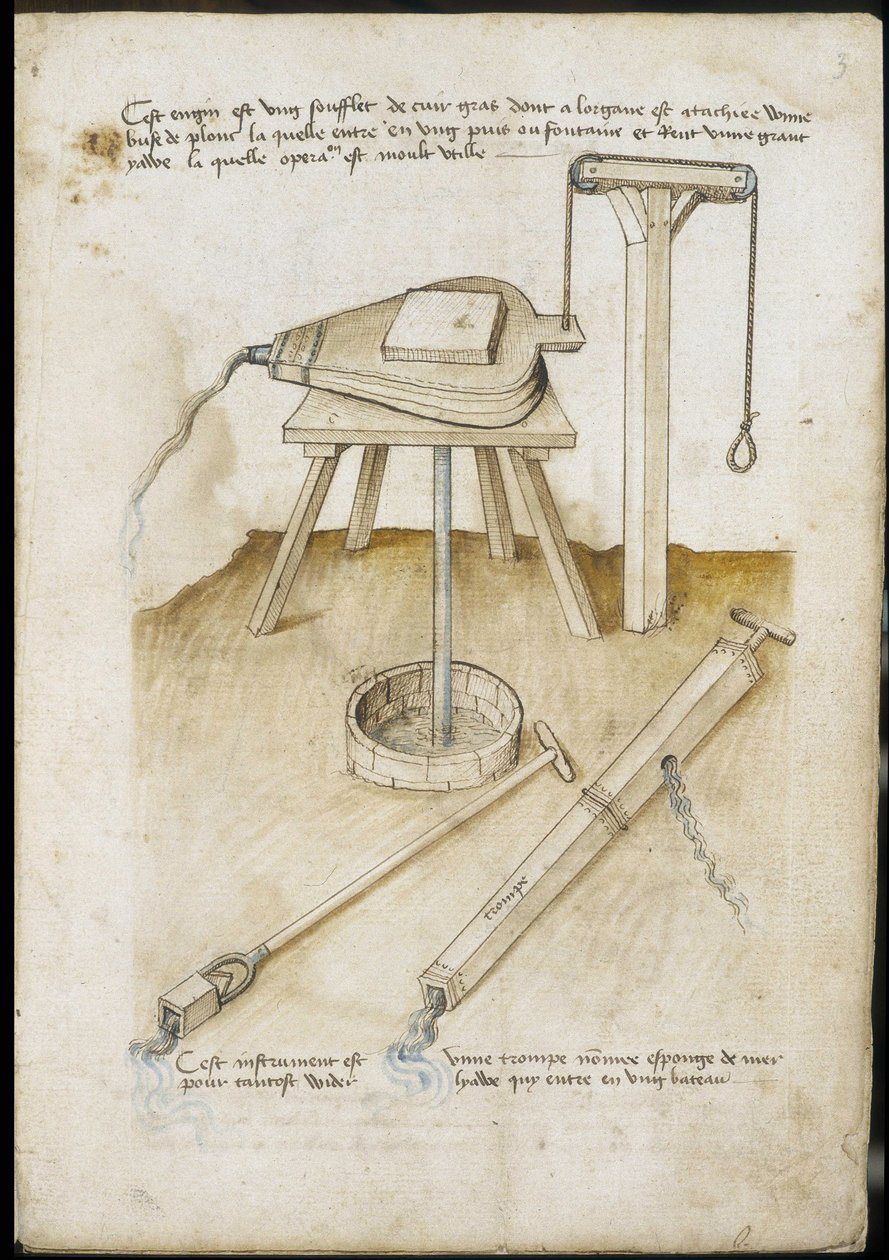 Vattenpumpningsinstrument - Manuskript: pergamentark av en ingenjörsmanual för konstruktion av civila, religiösa och militära byggnader, anonymt, sent 1400-tal (figur med kinesiskt bläck) av Unknown artist