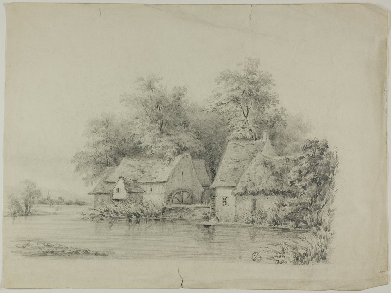 Vattenkvarn och stuga med halmtak av Unknown artist