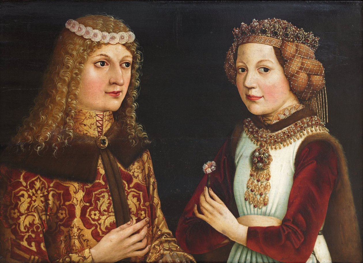Bröllopsporträtt av Ladislaus den postume (Ladislas de Habsbourg dit le Posthume) (1440-1457) och Magdalena av Valois (Madeleine de France ou de Valois) (1443-1495) - Anonym - 1457 - Olja på trä - 38,5x52 - Szepmuveszeti Museum, Budapest av Unknown artist