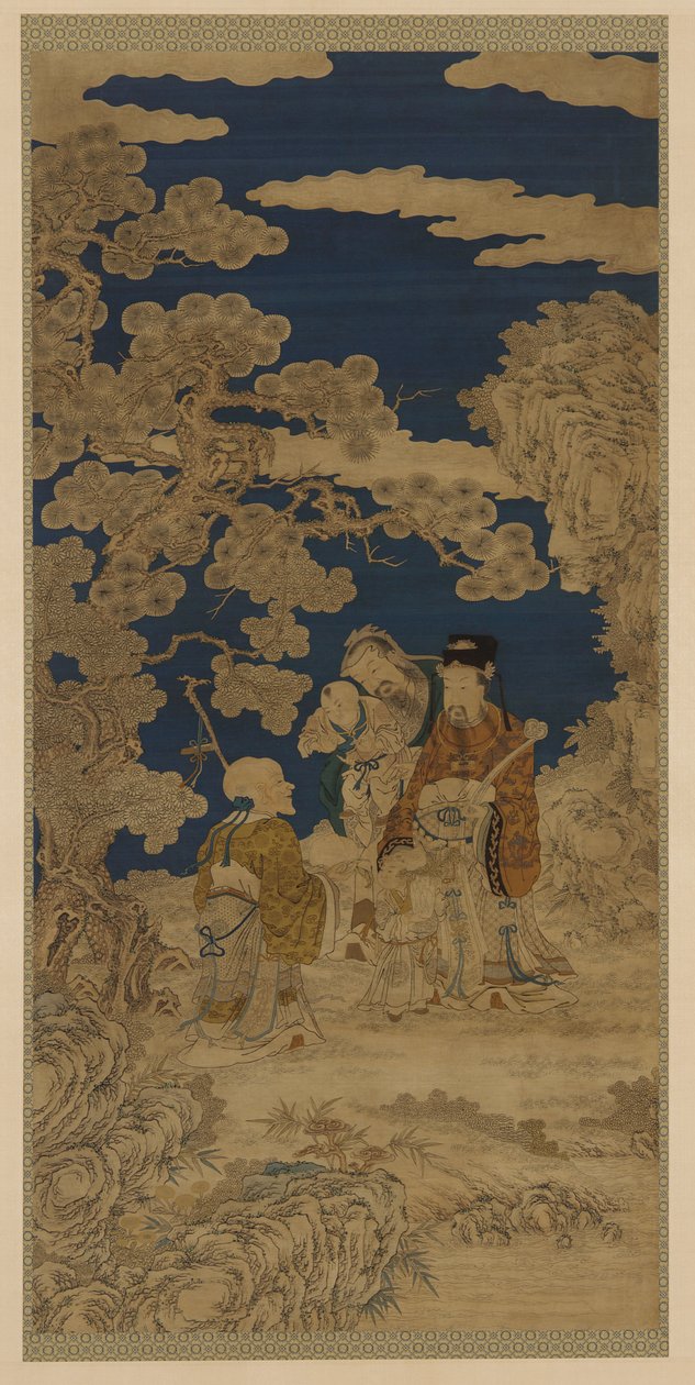 Inslagsvävd gobeläng (kesi): Three Star Gods and Joy Personifierad som två barn av Unknown artist
