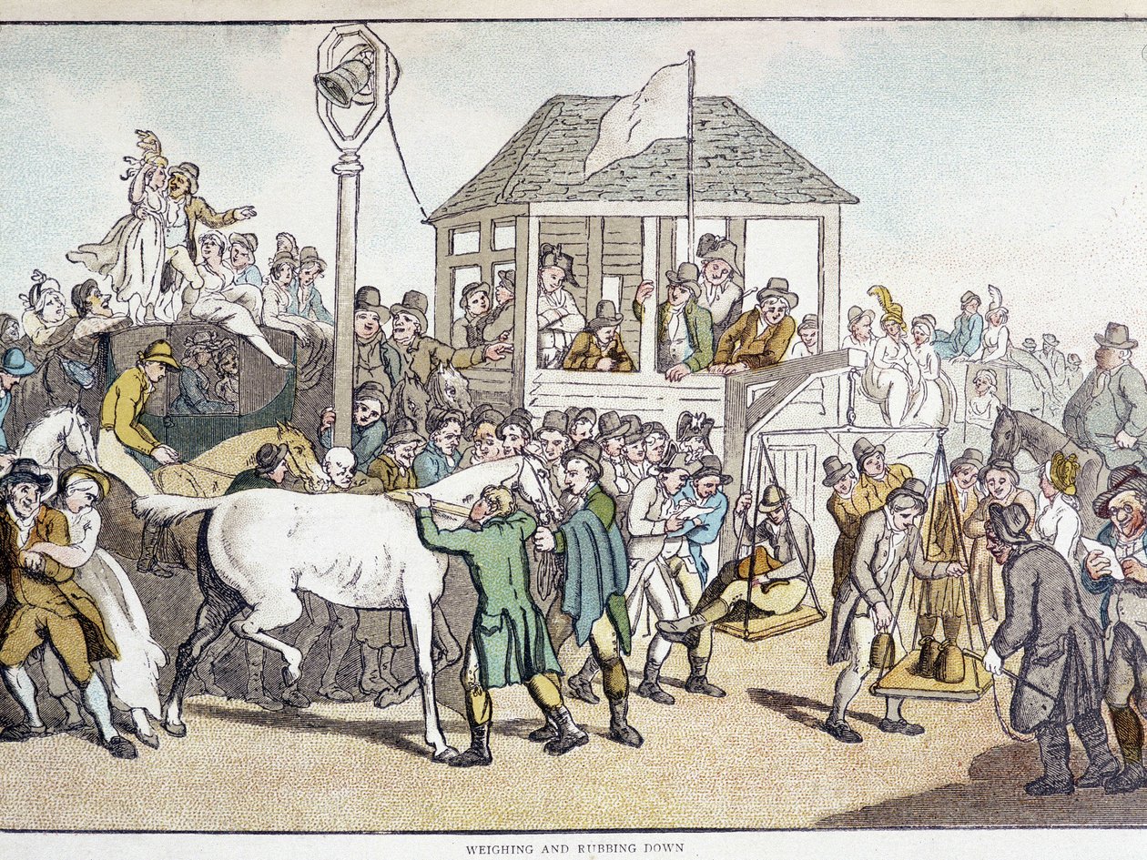 Vägning och tvätt inför ett hästkapplöpning (slutet av 1800-talet). av Unknown artist