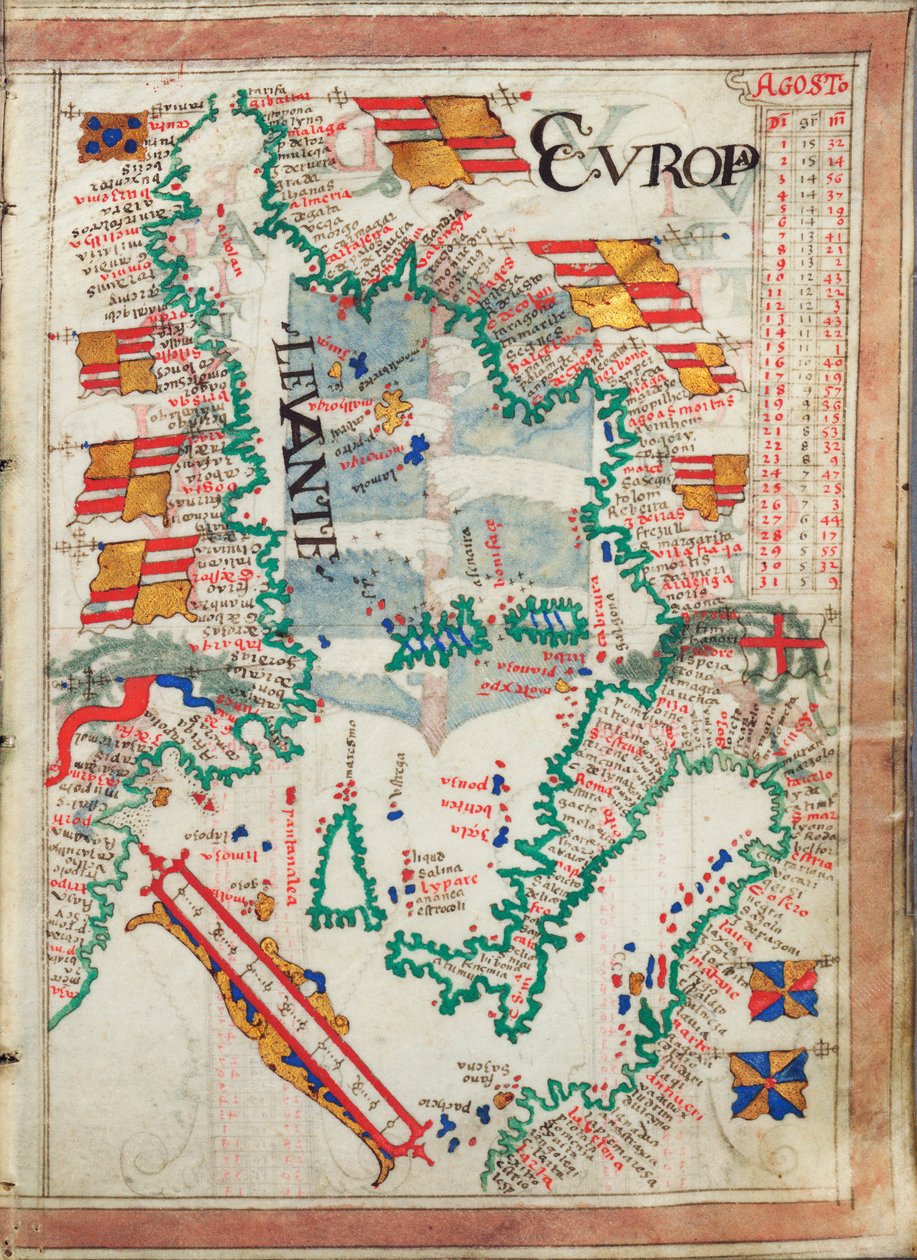 Västra Medelhavet, inbunden i en atlas med tjugofem kartor med diagram och tabeller, ca 1550-60 (pergament) av Unknown artist