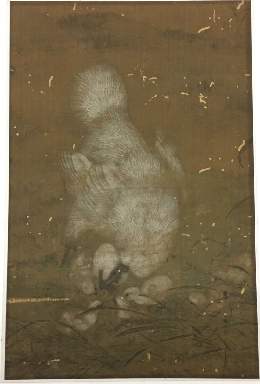 Vit höna och kycklingar av Unknown artist