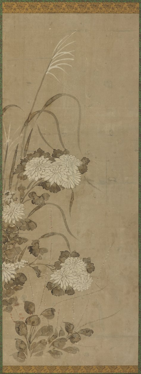 Vita krysantemum och gräs av Unknown artist