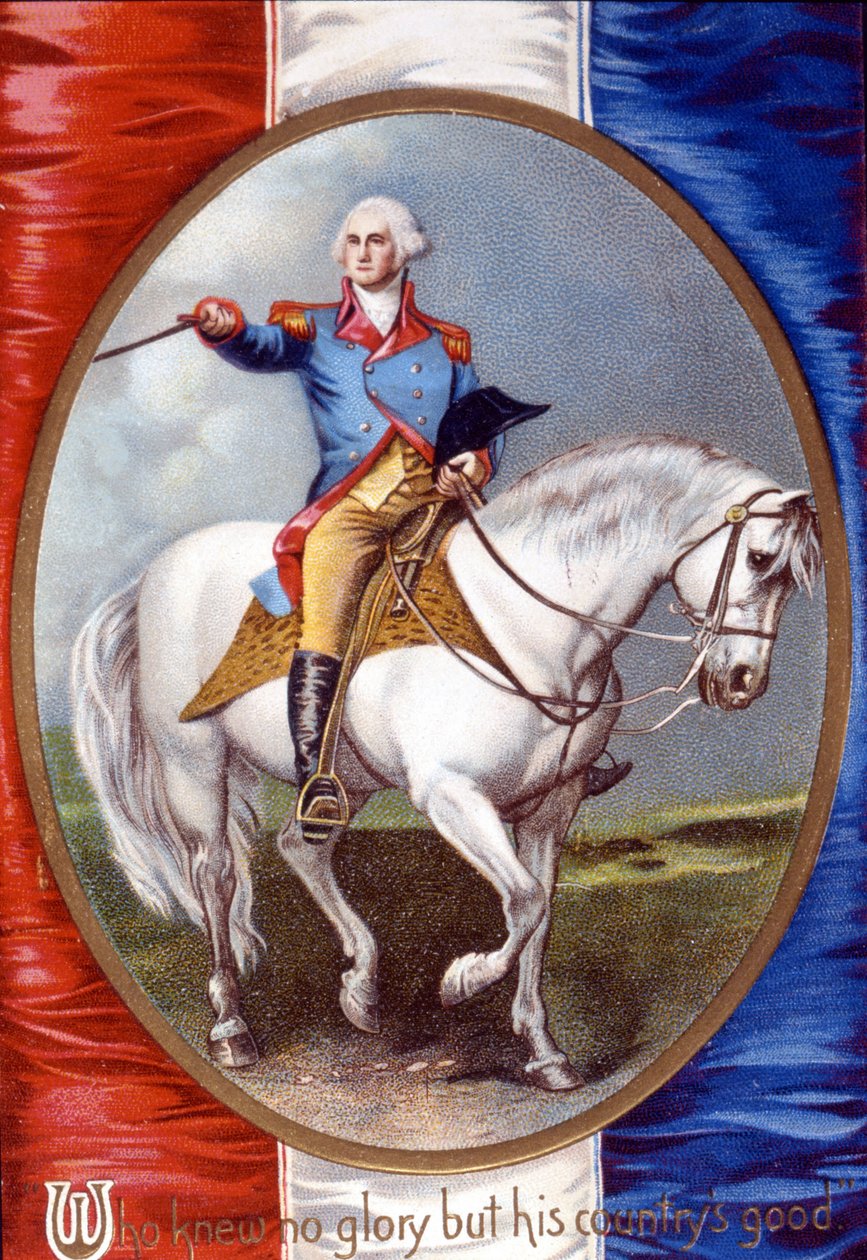 Som inte kände någon ära än sitt lands goda: George Washington (1732 - 1799) ridande i medaljong på baksidan av den franska flaggan. kromolitografi från 1800-talet. av Unknown artist