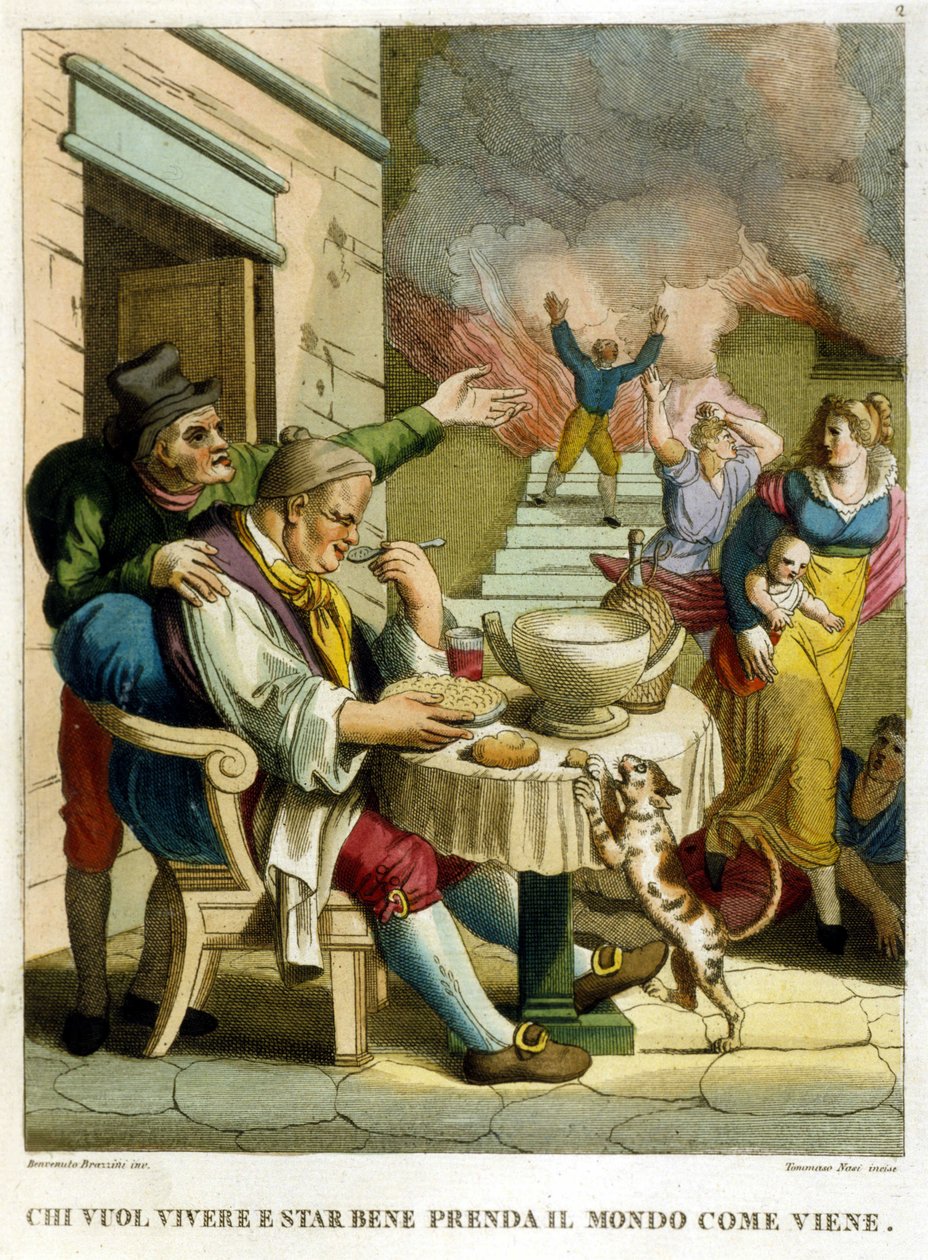 "Den som vill njuta av livet och leva gott måste ta världen som den kommer." Samling ordspråk, gravyr från slutet av 1700-talet av Unknown artist