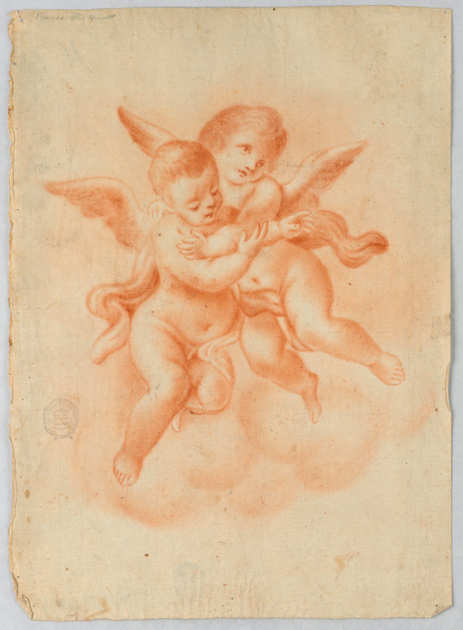 Bevingad Putti i moln av Unknown artist