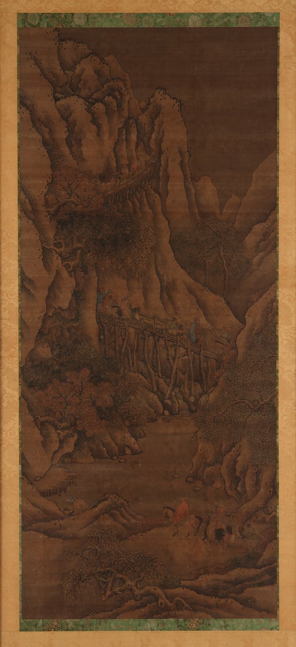 Vinterlandskap: kullar och flod; figurer av beridna resenärer av Unknown artist