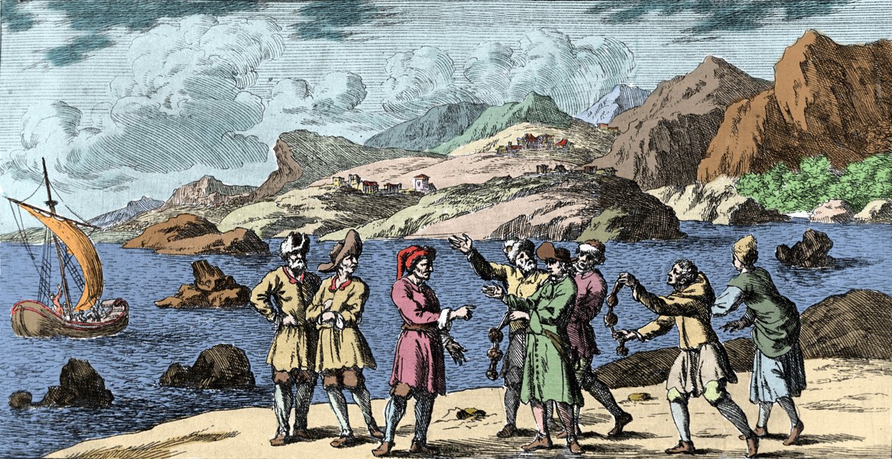 Häxkonst och övertygelser: finska och samer som provocerar en storm genom tre knops magi. Gravyr från "Mundi Mirabilis Oeconomia" av Johann Zahn (1631-1707) av Unknown artist