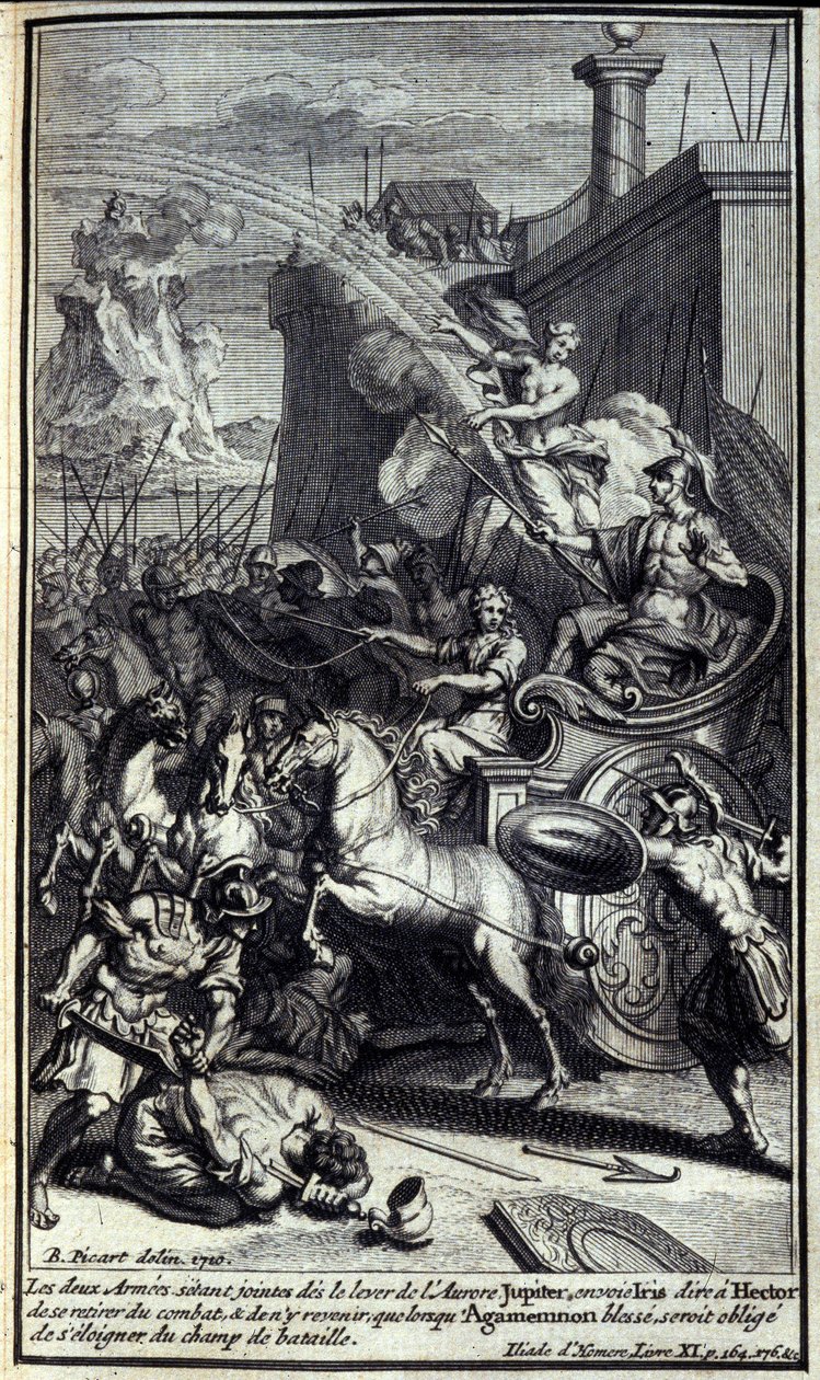 När de två arméerna anslöt sig till gryningens uppgång skickade Jupiter Iris för att berätta för Hector att dra sig tillbaka från striden och att återvända först när Agamemnon gör ont, skulle tvingas flytta bort från slagfältet. Illustration av bok XI av I av Unknown artist