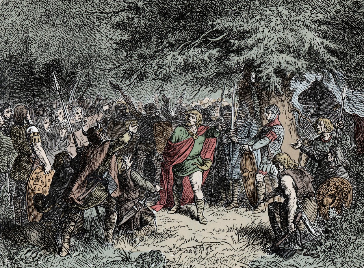 Wittekind kallar sina Saxons till vapen - Widukind av Sachsen (cirka 750-810) uppmanar saxarna att höja sina vapen mot Franco-invasionen av Karl den Store 777 av Unknown artist