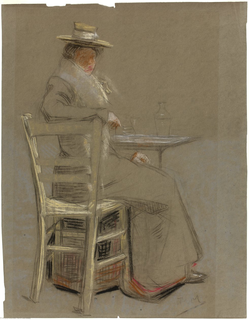 Kvinna som sitter vid ett bord av Unknown artist