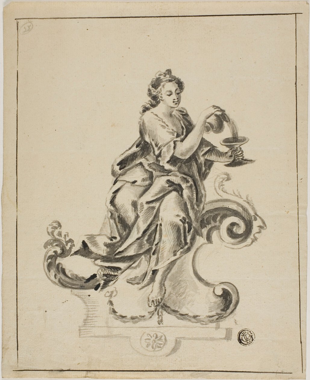 Kvinna som sitter på Rococo Scroll av Unknown artist