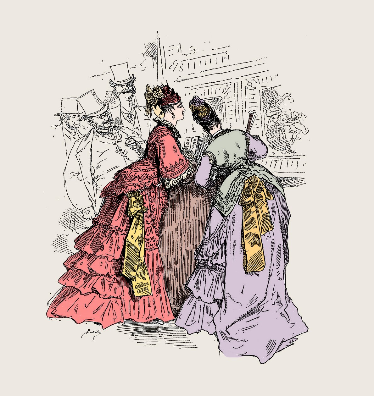 Kvinna på ett museum: "" När jag berättar att det är en klänning från Worth känner jag igen beröringen"" (Charles Frederick Worth 1825-1895) - illustration av Charles Albert d