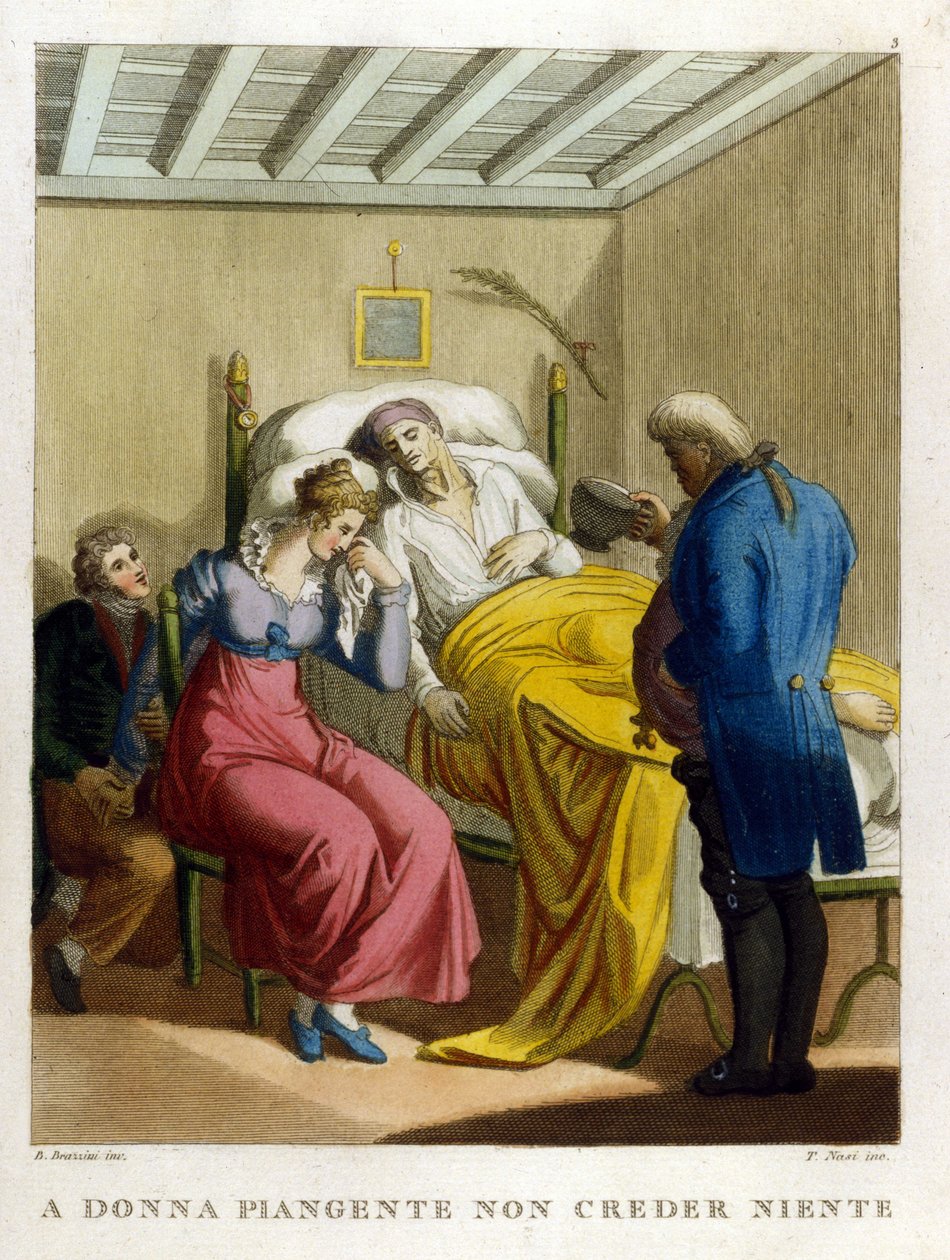 ”Kvinnans tårar, källa av illvilja. Se en kvinna som gråter." 1700-talsgravyr som illustrerar en rad ordspråk. av Unknown artist