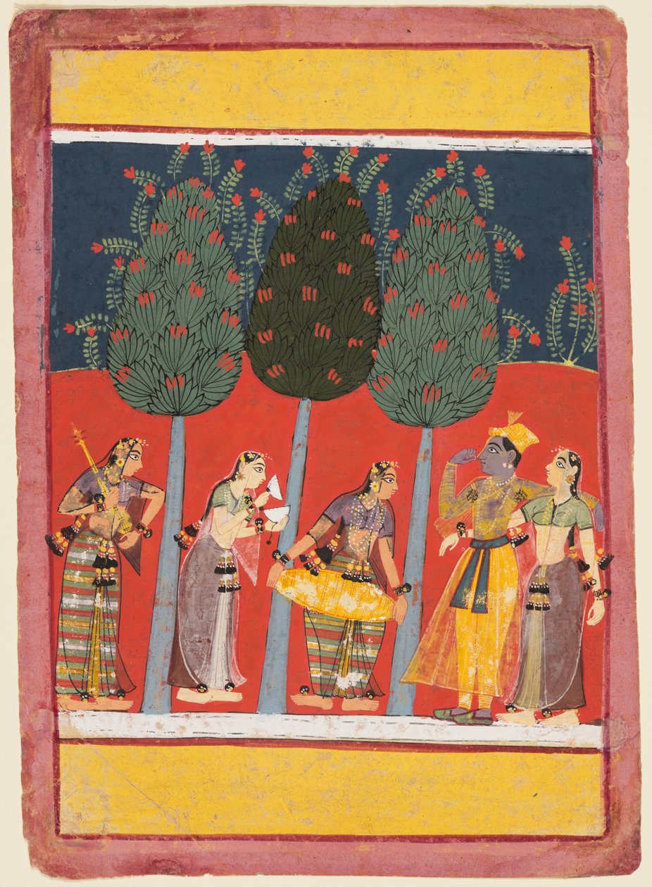 Kvinnor spelar musik för Radha och Krishna: Chitrani Nayika, från en Rasikpriya av Unknown artist