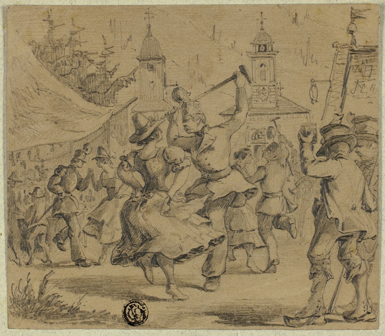 Kvinnor och soldater dansar på torget i byn av Unknown artist