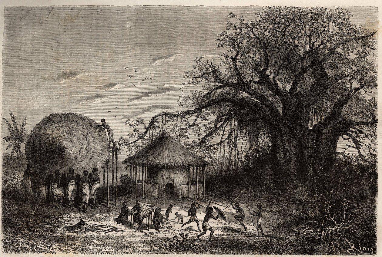 Kvinnor från kanterna av Zambeze viftande hyddor och i förgrunden, barns lek. Gravyr för att illustrera Dr. Livingstones första resor till södra Afrika från 1840 till 1856, i "Le tour du monde, nouveau journal des voyages"" publicerad under direkt av Unknown artist