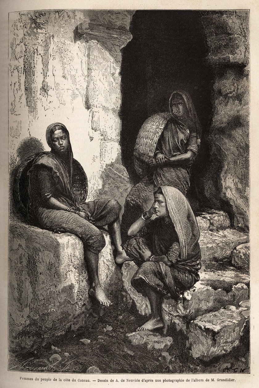 Kvinnor från folket på Concau-kusten (eller Konkan, Indiens norra kust). Gravyr för att illustrera resan i Indiens meridionalprovinser, av Alfred Grandidier, 1862-1864, publicerad i "" Le tour du monde""" 1869, redigerad av Edouard Charton, av Unknown artist