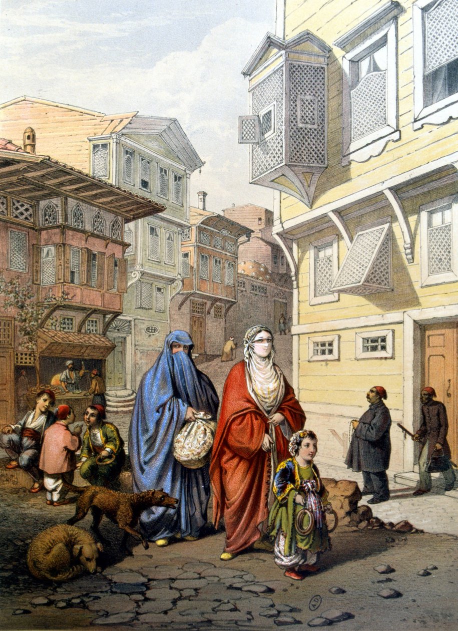 Kvinnor beslöjade på en gata i Konstantinopel - gravyr av Unknown artist