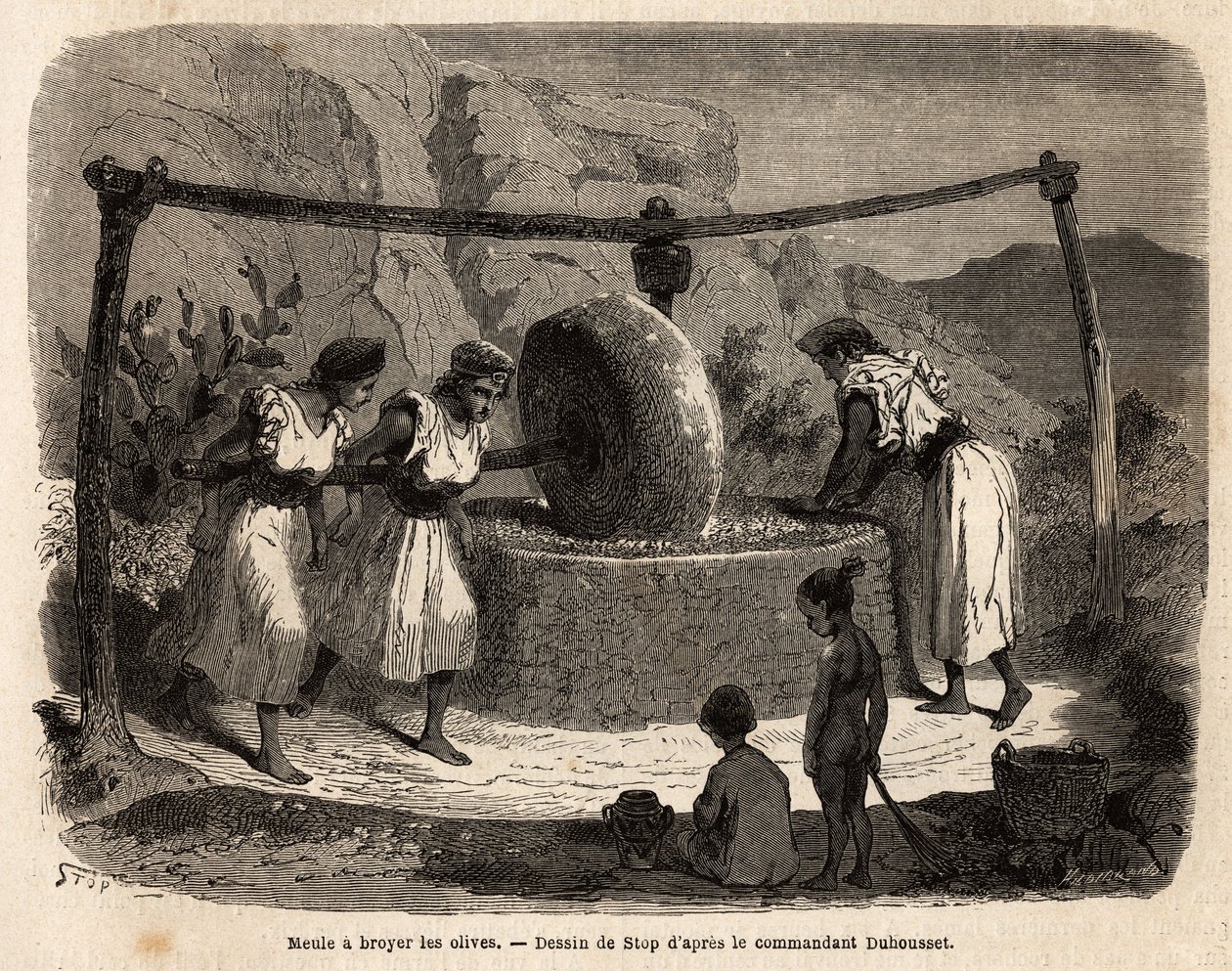 Kvinnors arbete, malning av oliver, en av de viktigaste jordbruksprodukterna i Djurjura (Algeriet). Gravyr för att illustrera utflykten till den stora Kabilie, mellan Medelhavet och Djurjura, 1864, av befälhavaren Duhousset, i "" Le tour du mo av Unknown artist
