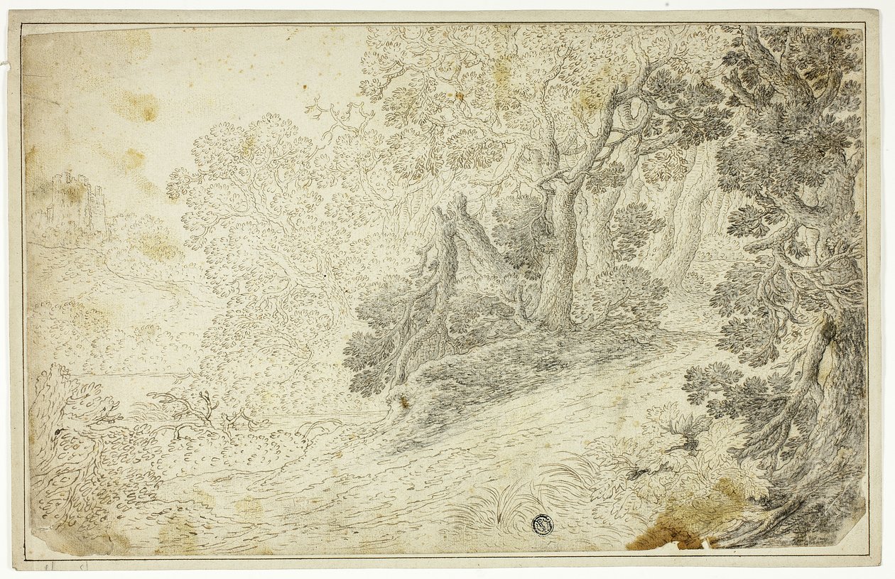 Skogbevuxen flodlandskap med utsikt över slottet av Unknown artist